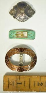 Three (3) Antique Art Deco Brass & Enamel Guilloche Buckles.