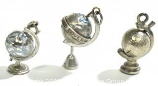 Three (3) Vintage Sterling Silver Articulated Globes on Stand Charm or Pendants. 10g total weight