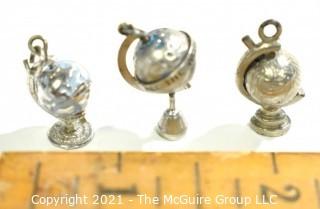 Three (3) Vintage Sterling Silver Articulated Globes on Stand Charm or Pendants. 10g total weight