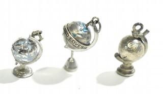 Three (3) Vintage Sterling Silver Articulated Globes on Stand Charm or Pendants. 10g total weight