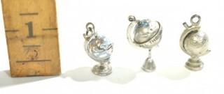 Three (3) Vintage Sterling Silver Articulated Globes on Stand Charm or Pendants. 10g total weight