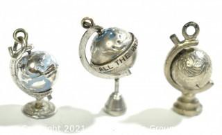 Three (3) Vintage Sterling Silver Articulated Globes on Stand Charm or Pendants. 10g total weight