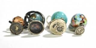 Four (4) Vintage Sterling Silver Articulated Stone and Glass Globes on Stands, Charms or Pendants. 