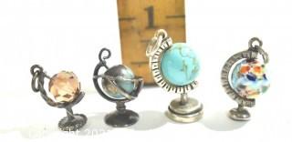 Four (4) Vintage Sterling Silver Articulated Stone and Glass Globes on Stands, Charms or Pendants. 