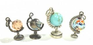 Four (4) Vintage Sterling Silver Articulated Stone and Glass Globes on Stands, Charms or Pendants. 