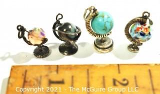 Four (4) Vintage Sterling Silver Articulated Stone and Glass Globes on Stands, Charms or Pendants. 