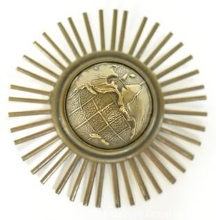 Jan Michaels San Francisco Gold Tone Globe with Sunburst Brooch or Pin. 