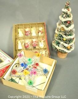 Group of Vintage Christmas Items Including Bottle Brush Tree, Tinsel Tree Topper and NIB Wax Tavern Candle Ornaments 