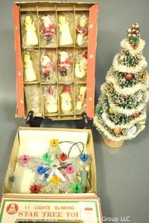 Group of Vintage Christmas Items Including Bottle Brush Tree, Tinsel Tree Topper and NIB Wax Tavern Candle Ornaments 