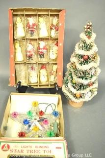 Group of Vintage Christmas Items Including Bottle Brush Tree, Tinsel Tree Topper and NIB Wax Tavern Candle Ornaments 