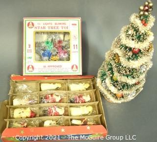 Group of Vintage Christmas Items Including Bottle Brush Tree, Tinsel Tree Topper and NIB Wax Tavern Candle Ornaments 