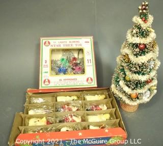 Group of Vintage Christmas Items Including Bottle Brush Tree, Tinsel Tree Topper and NIB Wax Tavern Candle Ornaments 