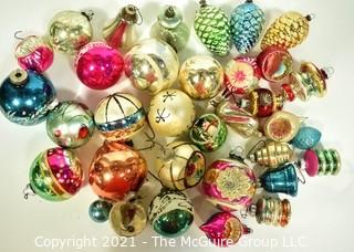 Large Glass Snifter Full of  Vintage Hand Painted Mercury Glass Ornaments, Some with Indents.