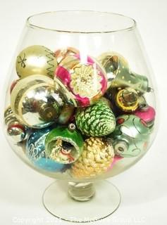 Large Glass Snifter Full of  Vintage Hand Painted Mercury Glass Ornaments, Some with Indents.