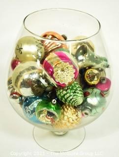 Large Glass Snifter Full of  Vintage Hand Painted Mercury Glass Ornaments, Some with Indents.