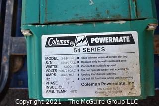 Coleman 54 Series 4kw Powermate Electric Generator. 8HP Briggs and Stratton Engine (Runs but there is a leaky fuel line)