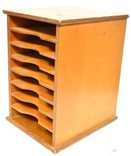 Vintage Wood Eight Level File Box. Measures 10" x 2" x 14". 