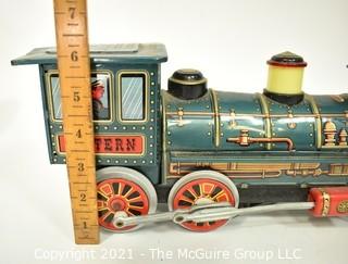 Vintage Lithograph Trade Mark Modern Toy Tin Train Engine, Battery Operated, Measures 14" long. 