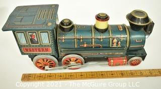 Vintage Lithograph Trade Mark Modern Toy Tin Train Engine, Battery Operated, Measures 14" long. 