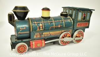 Vintage Lithograph Trade Mark Modern Toy Tin Train Engine, Battery Operated, Measures 14" long. 