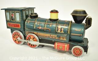 Vintage Lithograph Trade Mark Modern Toy Tin Train Engine, Battery Operated, Measures 14" long. 