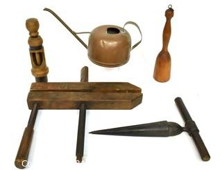 Group of Primitive Tools Including Copper Watering Can, Wood Clamp with Wooden Screws, Cast Iron Reamer, and Wooden Potato Masher. {Note: Description Altered 10.14.2021 @ 6:46pm ET}