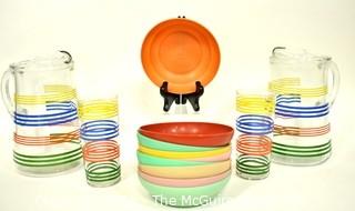 Set of Mid Century Bright Stripe Glassware Pitchers and Tumblers and  Bright Tupperware Bowls. 