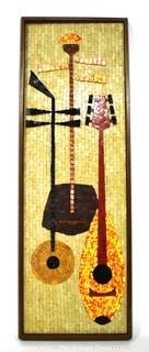 Framed Mid-Century Modern Mosaic Tile Still Life or Painting of Instruments.  Measures 37" x 13".