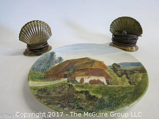 German 3 dimensional decorative plate (13"D) and a pair of scallop shell bedside lamps; 