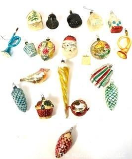 Group of Vintage Figural Hand Painted Mercury Glass Christmas Ornaments with Indents.