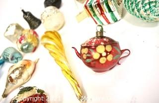 Group of Vintage Figural Hand Painted Mercury Glass Christmas Ornaments with Indents.