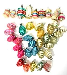  Vintage Lantern Shaped  Hand Painted Mercury Glass Christmas Ornaments with Indents.