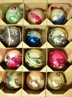 Three (3) Boxes of Vintage Hand Painted Mercury Glass Christmas Ornaments with Indents.