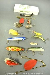 Collection of Vintage and Bakelite Fishing Lures with Box for Hildebrandts.  