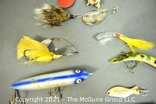 Collection of Vintage and Bakelite Fishing Lures with Box for Hildebrandts.  