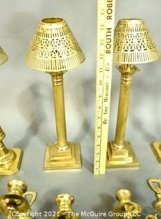 Group of Vintage Brass Candle Sticks With Pierced Shades and Wall Mounted Candleabra. 