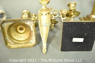 Group of Vintage Brass Candle Sticks With Pierced Shades and Wall Mounted Candleabra. 