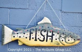 Vintage Double Sided Wood Carved Primitive Folk Art.  Painted Fish Bait Hanging Trade Sign.  Measures 37" long. {Note: Description Altered 10.14.2021 @ 6:46pm ET}