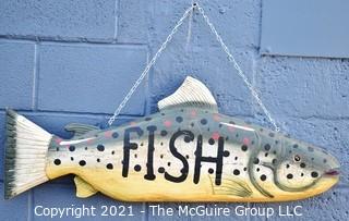 Vintage Double Sided Wood Carved Primitive Folk Art.  Painted Fish Bait Hanging Trade Sign.  Measures 37" long. {Note: Description Altered 10.14.2021 @ 6:46pm ET}