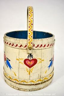 Antique Primitive Pennsylvania Dutch Folk Art Painted Firkin or Sugar Bucket. Circa 1800.  Measures 13" tall excluding handle x  22" diameter. {Note: Description Altered 10.14.2021 @ 6:46pm ET}