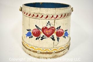 Antique Primitive Pennsylvania Dutch Folk Art Painted Firkin or Sugar Bucket. Circa 1800.  Measures 13" tall excluding handle x  22" diameter. {Note: Description Altered 10.14.2021 @ 6:46pm ET}