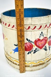 Antique Primitive Pennsylvania Dutch Folk Art Painted Firkin or Sugar Bucket. Circa 1800.  Measures 13" tall excluding handle x  22" diameter. {Note: Description Altered 10.14.2021 @ 6:46pm ET}