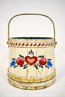 Antique Primitive Pennsylvania Dutch Folk Art Painted Firkin or Sugar Bucket. Circa 1800.  Measures 13" tall excluding handle x  22" diameter. {Note: Description Altered 10.14.2021 @ 6:46pm ET}