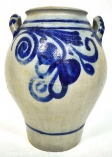 19th Century Salt Glazed Stoneware Flower Freehand Decorated Crock.  9" diameter x 22" tall. {Note: Description Altered 10.14.2021 @ 6:46pm ET}