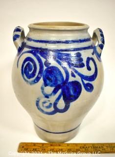 19th Century Salt Glazed Stoneware Flower Freehand Decorated Crock.  9" diameter x 22" tall. {Note: Description Altered 10.14.2021 @ 6:46pm ET}