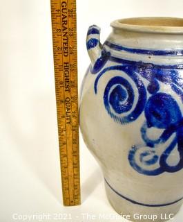 19th Century Salt Glazed Stoneware Flower Freehand Decorated Crock.  9" diameter x 22" tall. {Note: Description Altered 10.14.2021 @ 6:46pm ET}