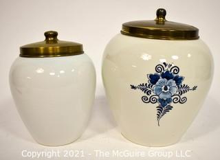 Two Maryland & Catonsville Blue Delft Tobacco Jars with Brass Lids. {Note: Description Altered 10.14.2021 @ 6:46pm ET}