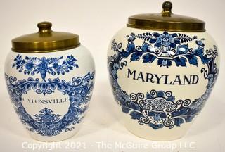 Two Maryland & Catonsville Blue Delft Tobacco Jars with Brass Lids. {Note: Description Altered 10.14.2021 @ 6:46pm ET}