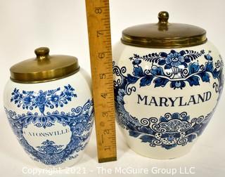 Two Maryland & Catonsville Blue Delft Tobacco Jars with Brass Lids. {Note: Description Altered 10.14.2021 @ 6:46pm ET}