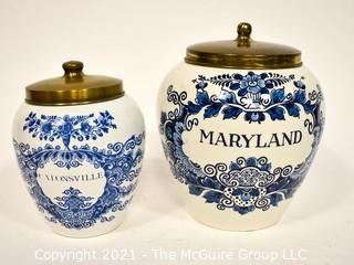 Two Maryland & Catonsville Blue Delft Tobacco Jars with Brass Lids. {Note: Description Altered 10.14.2021 @ 6:46pm ET}